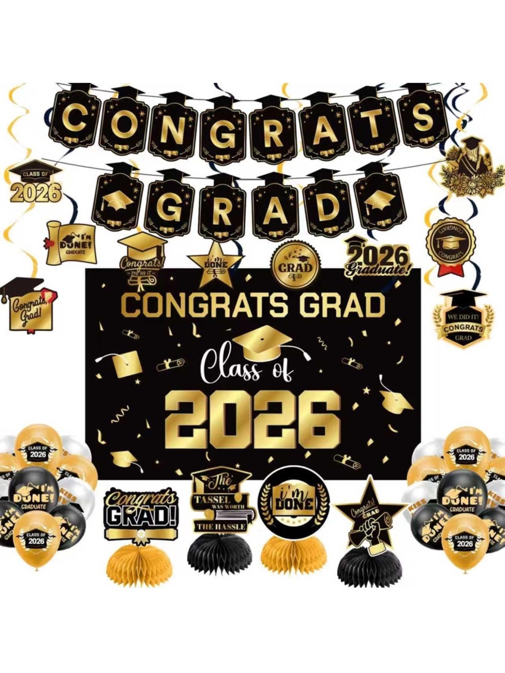 Congrats Grad 2026 Party Decorations - Black & Gold Graduation Banner Set